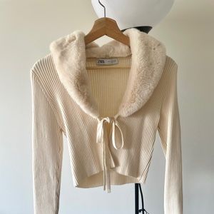 Zara Cream Beige Fur Collar Ribbed Cardigan Size M